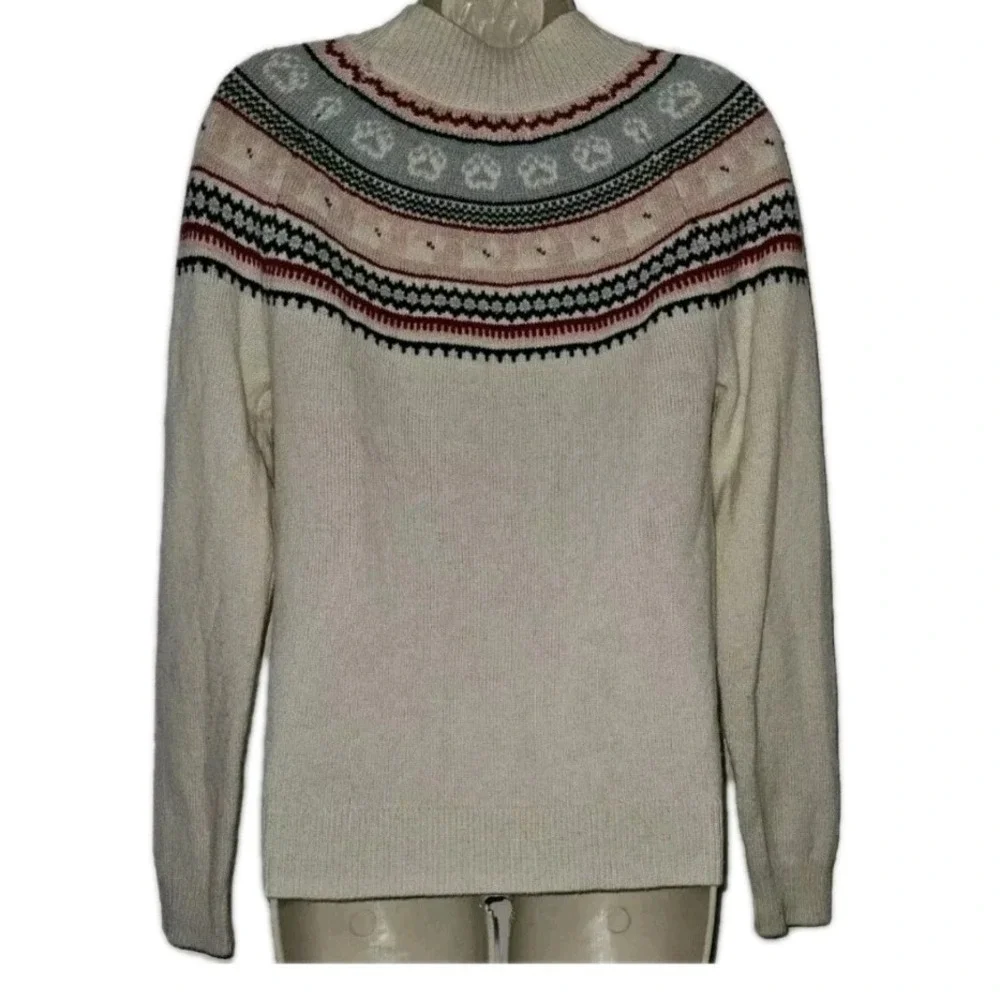 Tabitha Webb Women's Paw Print Fair Isle Lambswool Blend Knit Sweater Size S EUC